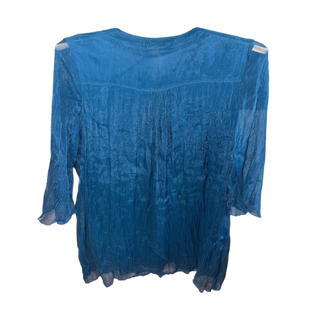 L Fashion Dark Teal-Blue Semi-Sheer Crinkled Peasant Blouse Fairy-Core Boho Top - Picture 3 of 6